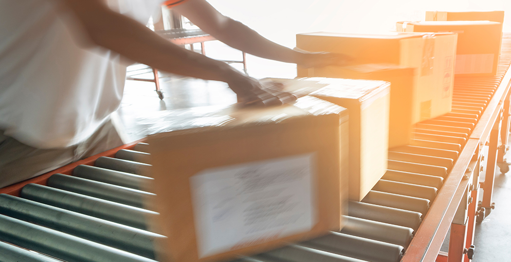 A casually-dressed person moves labelled boxes swiftly down a conveyor belt in a brightly lit distribution warehouse