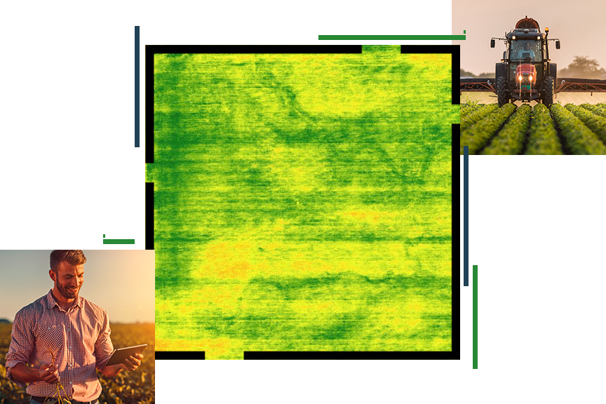 緑色と黄色のヒート マップに重ねて、農地を走行する散布機の写真と牧草地に立ってタブレットを使用している人の写真が表示されている