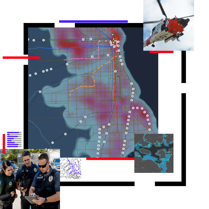 응급 차량 사진 옆에 빨간색 및 파란색으로 표시된 도시 히트 맵이 있으며 태블릿을 사용 중인 경찰관, 하늘 위의 헬리콥터, 몇 가지 맵의 작은 이미지 여러 장이 중첩된 이미지