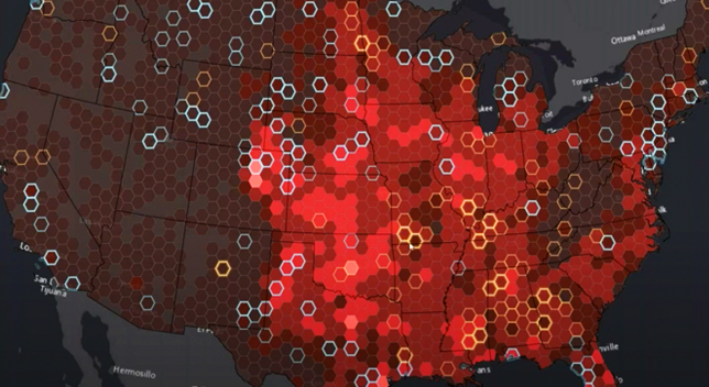 Uma captura de tela de um webinar em destaque mostrando um mapa de aquecimento dos EUA em tons de vermelho em um fundo cinza