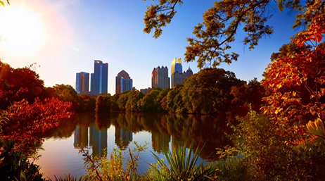 A modern city full of gleaming skyscrapers and a still lake seen in the distance through a screen of autumn foliage in the foreground