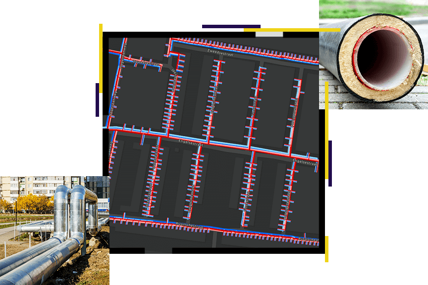 Eine blau-rote Straßenkarte auf schwarzem Hintergrund, die von zwei Fotos überlagert ist: von einer Nahaufnahme, die eine auf dem Boden liegende isolierte Rohrleitung zeigt, sowie von einem Foto, das Stahlrohre auf einer Wiese und im Hintergrund Hochhäuser zeigt