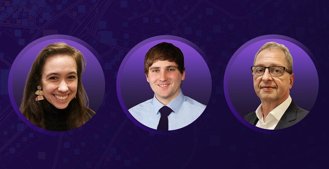 Three 2024 GIS heroes smiling overlaid on a purple background with graphic elements 