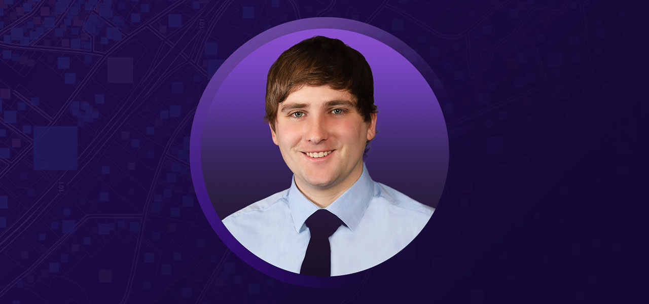 Adam Trimble smiling overlaid on a purple background with graphic elements 