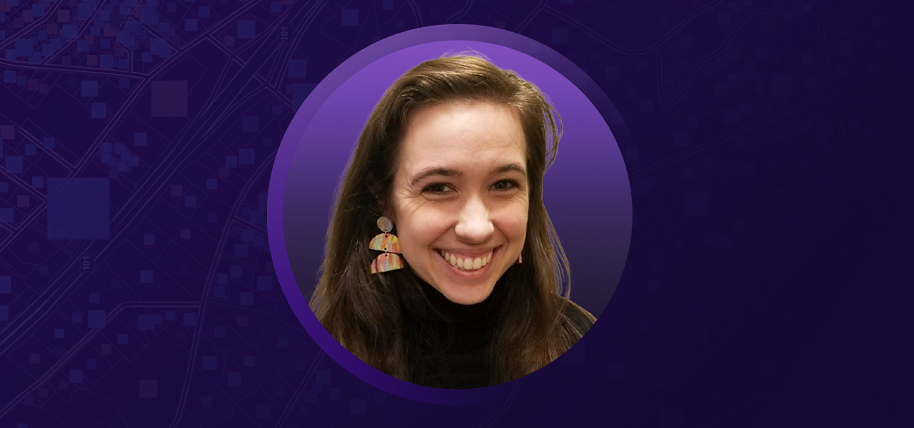 Amy Stuyvesant smiling overlaid on a purple background with graphic elements 