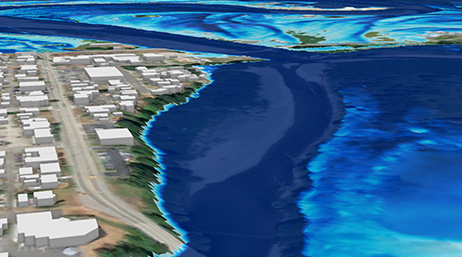 3D model simulation of a seaside city being flooded by swirling dark blue waters