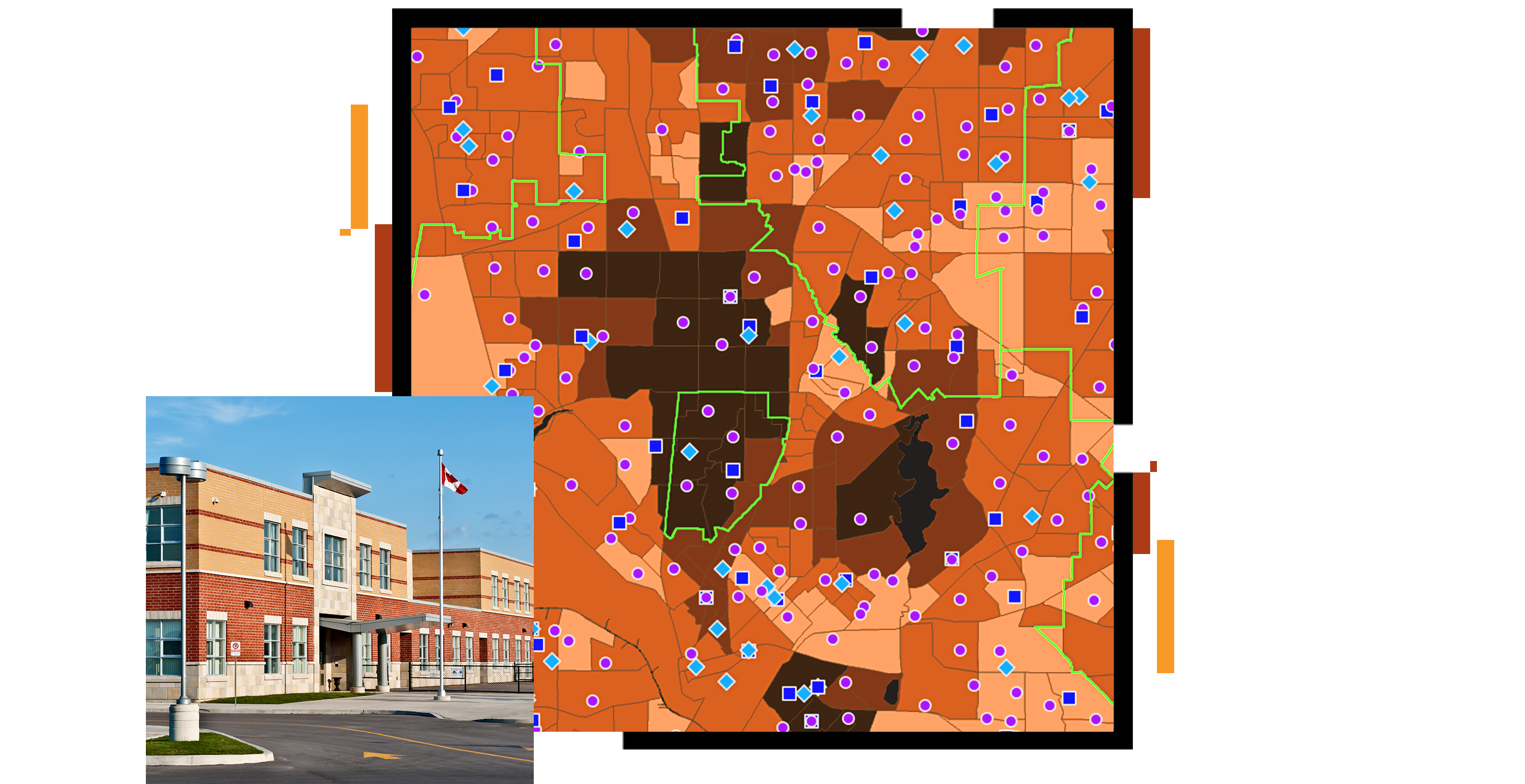 Mapa okręgu szkolnego w kolorach pomarańczowym i brązowym z rozmieszczonymi na niej fioletowymi i niebieskimi punktami oraz małe zdjęcie nowoczesnej szkoły średniej w kolorach pomarańczowym i beżowym na tle bezchmurnego niebieskiego nieba