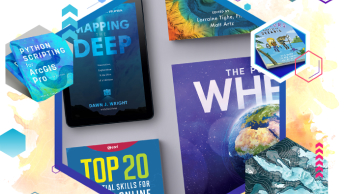 Different Esri Press book covers surrounded be graphic elements 