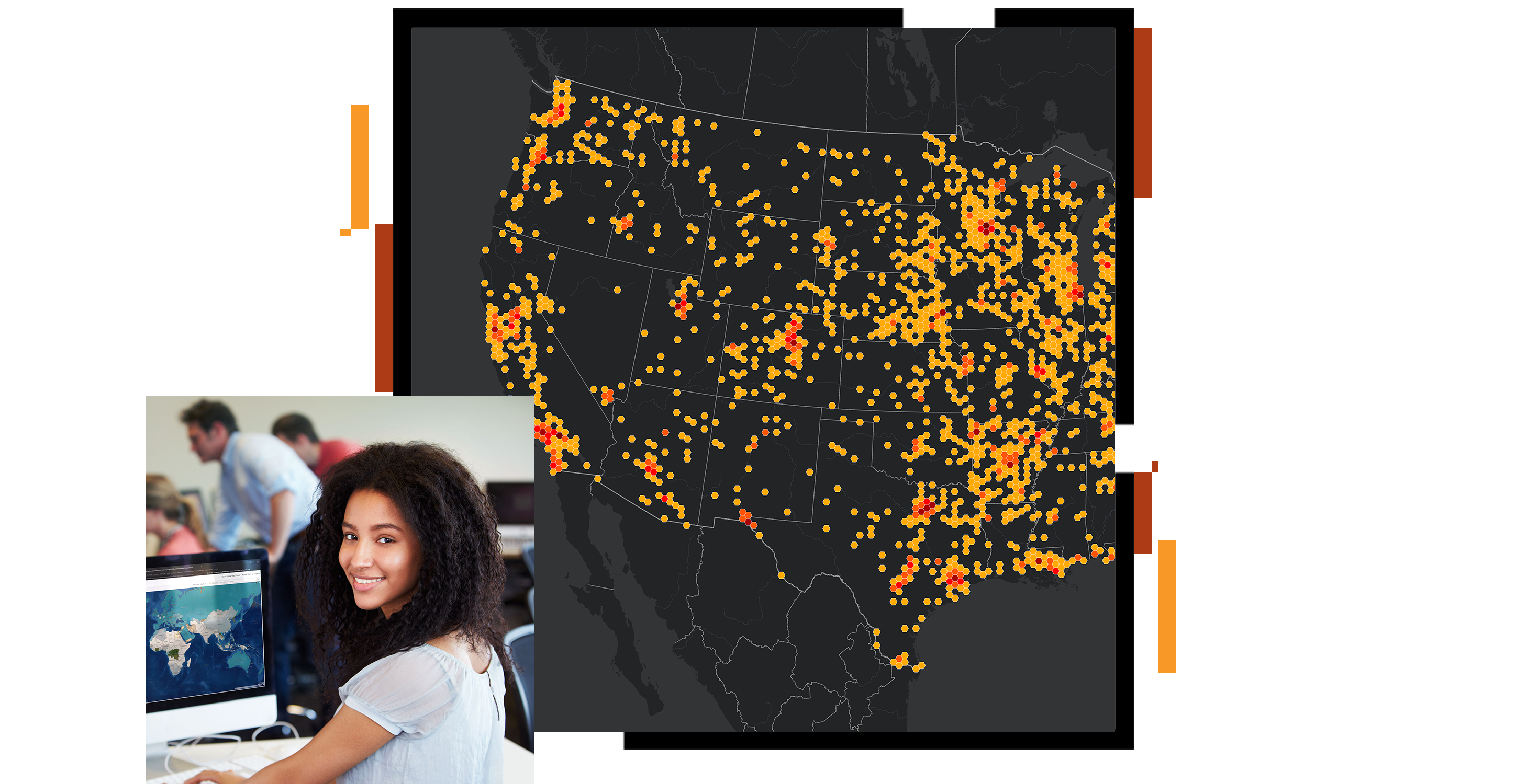 Карта концентраций населения Соединенных Штатов с группированными точками желтого и красного цветов на темно-сером фоне и небольшая фотография улыбающегося студента, сидящего за классным компьютером. 