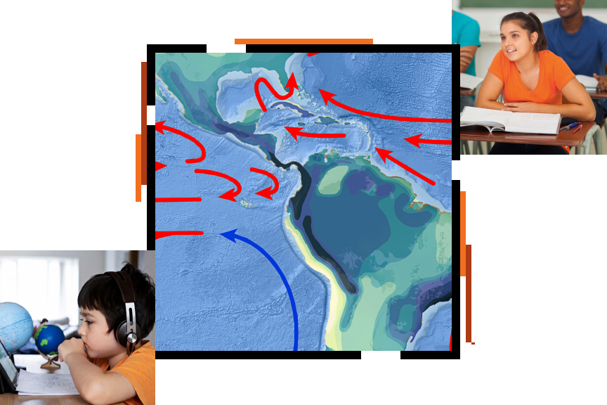 Mapa wysokościowa wyspy w kolorach niebieskim i zielonym z nałożonymi strzałkami w kolorach czerwonym i niebieskim oznaczającymi prądy morskie oraz dwa zdjęcia uczniów w klasie