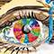 A colorful graphic of a large eye inset with stylized images depicting many cultures and sustainability practices, surrounded by graceful human figures suggestive of classic statuary