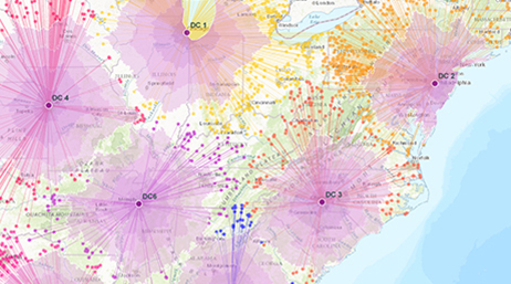 A map of the eastern United States with five dispersed map markers with dozens of desire lines extending out from each of them 