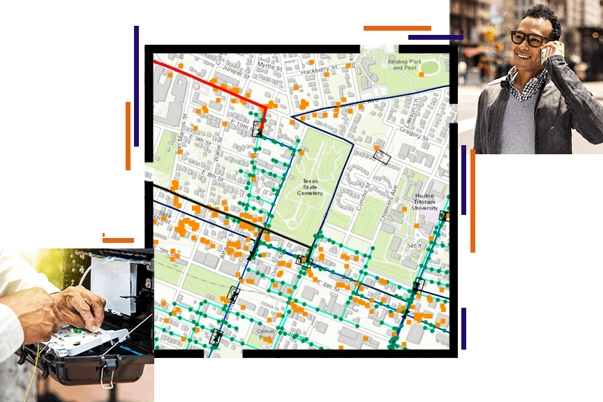خريطة لمدينة بنقاط متناثرة باللونين الأخضر والبرتقالي، مغطاة بصور لشخص يقف في أحد شوارع المدينة مع هاتف جوّال في أذنه ويدان تعملان على لوحة دوائر كهربائية.