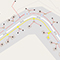 A simple street map with utility access traced in yellow and red on a neutral background