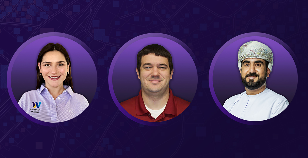 Three headshots in a row of people smiling overlaid on a purple background
