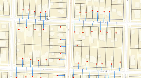  A simple neighborhood map with water utility data marked in blue and red