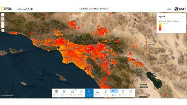地域の大部分が赤、オレンジ、黄で色付けされた南カリフォルニアのマップ