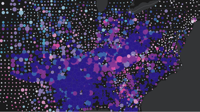 Um mapa de agrupamento do leste dos Estados Unidos exibindo concentrações de dados com círculos de diferentes tamanhos e cores 