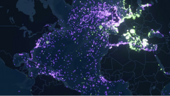 Карта, отображающая различные концентрации данных с подсветкой фиолетовым и зеленым цветами