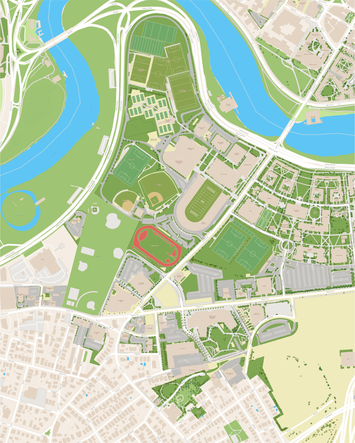 A map of a school campus with a red oval indicating an area of the property