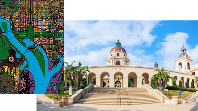 Photo of city hall with palm trees around it, light brown shaded map