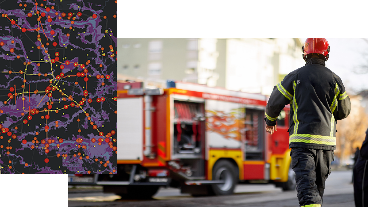 A firefighter in full gear strides towards a fire engine, and a map in the foreground displaying fire-affected areas.