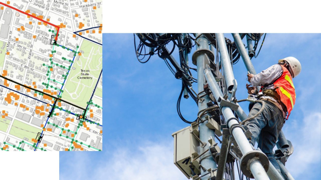 A lineworker repairs a communication tower, with a map showing the locations of nearby towers.