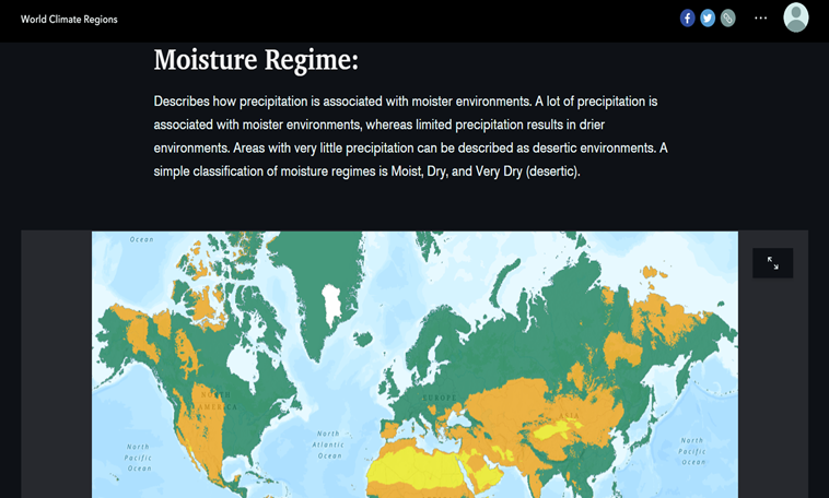 ArcGIS StoryMaps에서 제작된 "세계 기후 지역" 스토리맵의 "수분 체계" 섹션 스크린숏
