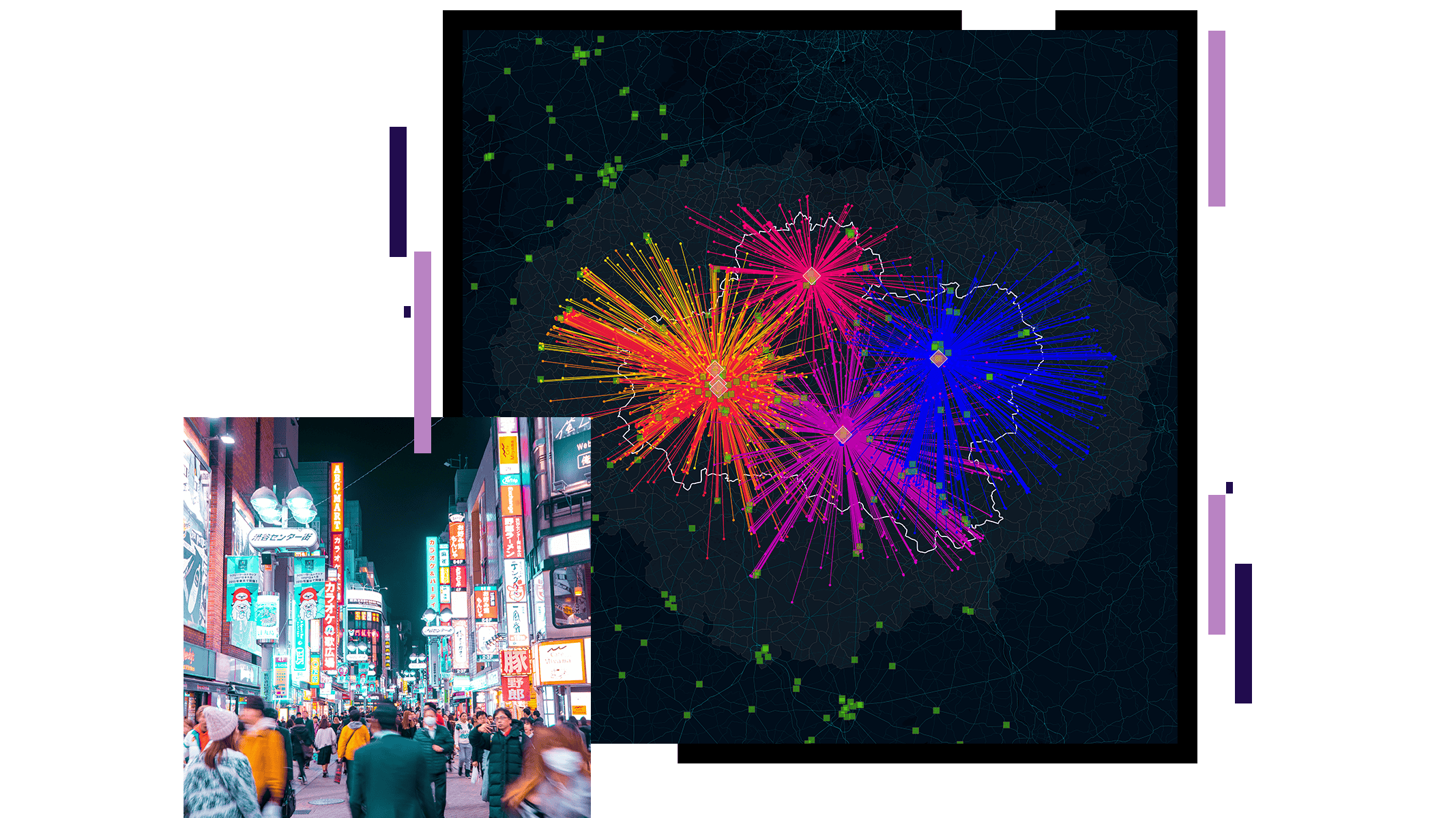 Shoyu Crossing in Tokyo at night with bright billboards and signs and a dark map with starburst point clusters in red, orange, and purple