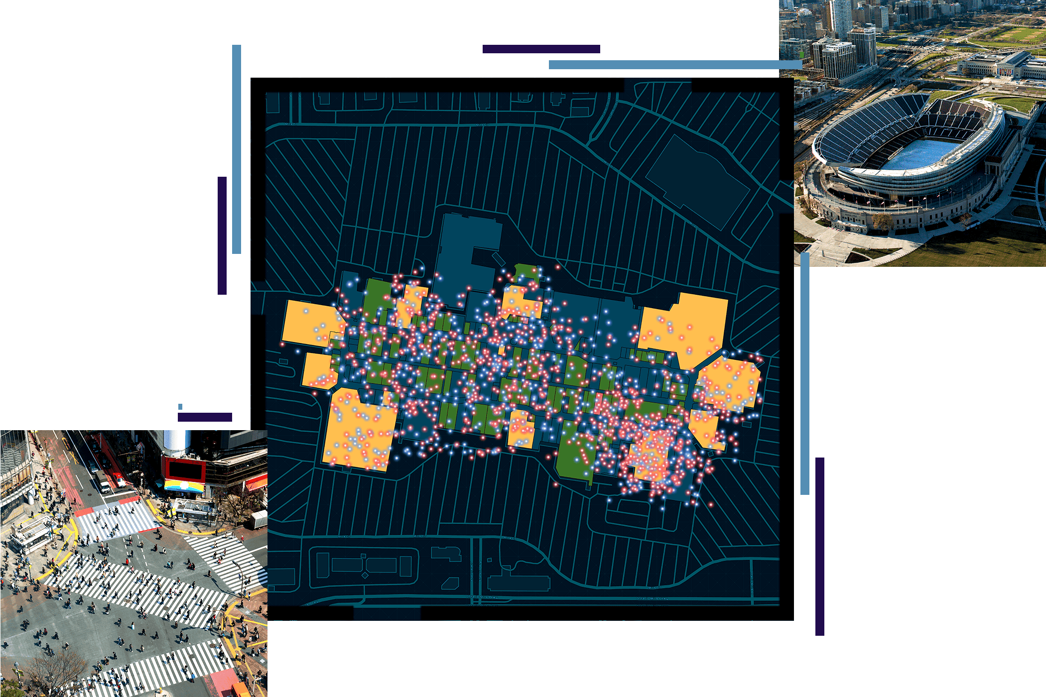 Montage of a venue map with buildings, an outdoor stadium, and an aerial view of a city street with pedestrians