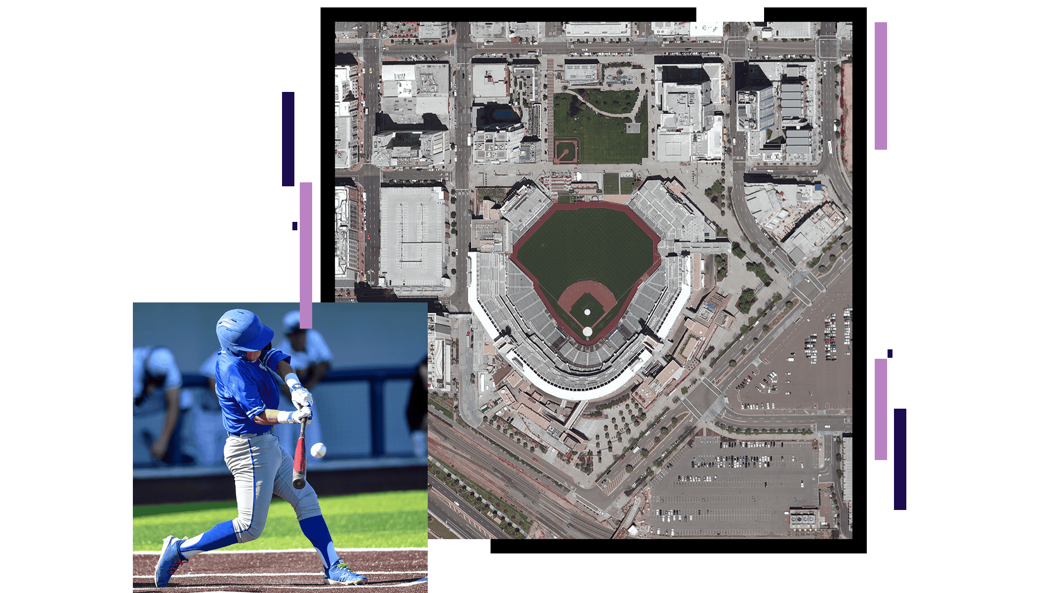 Aerial photo of a baseball stadium in a city, overlaid with a baseball player swinging at a pitch