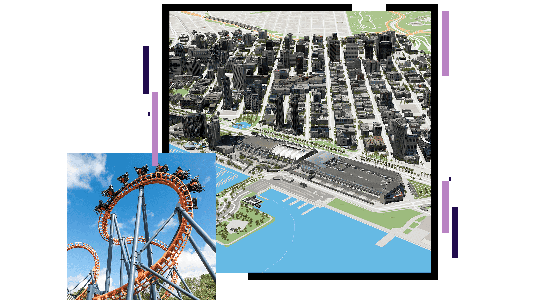 Rendering of a proposed theme park on the shoreline, and a photo of a suspended roller coaster in operation