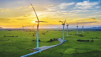 Windmills in a green landscape at sunrise