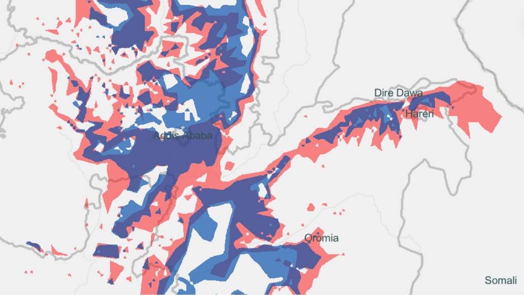 A country map with areas shaded pink and blue on a white background