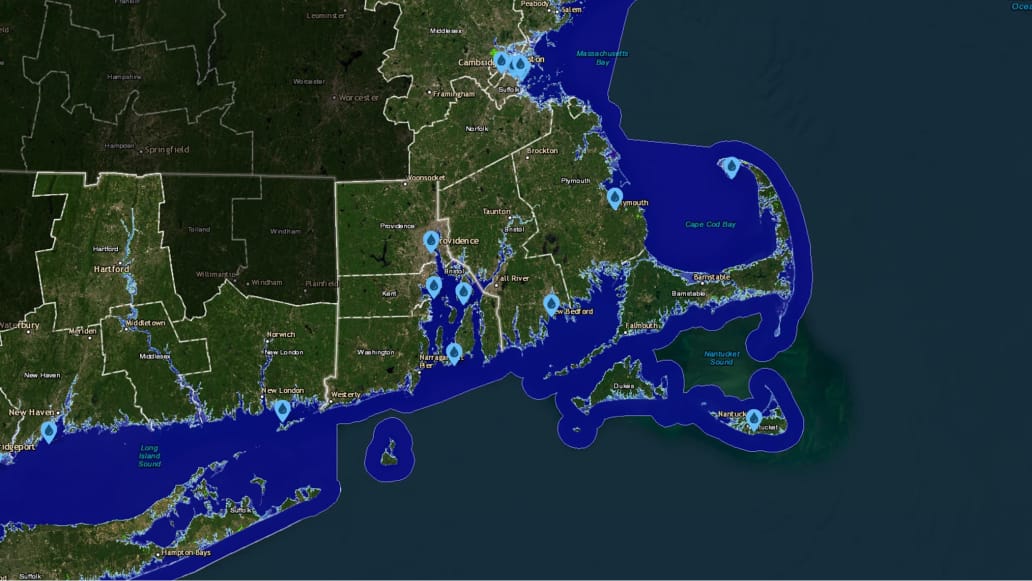 Map of Rhode Island in shades of green and blue with regions outlined in white