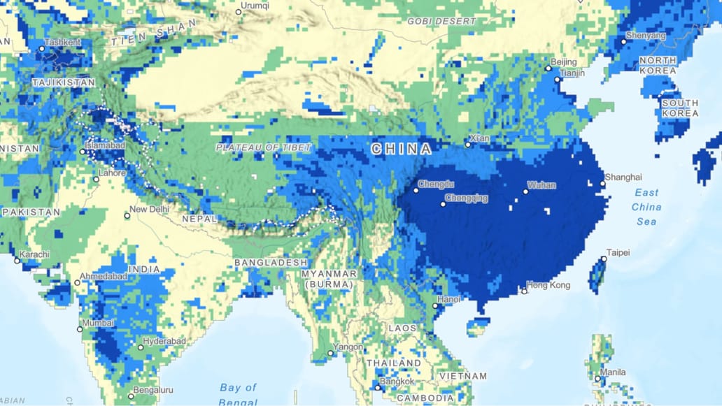 Pixilated map of China in green, blues, and beige