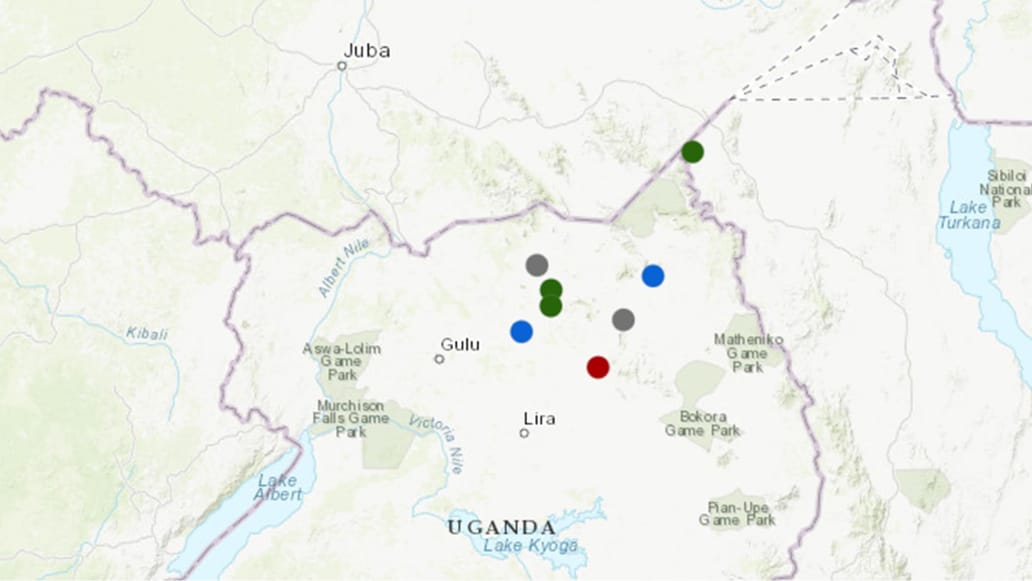 Map of Uganda with multicolored map points on a pale yellow background