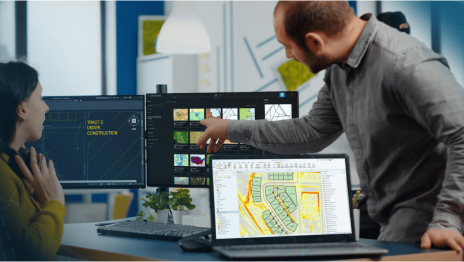 A man pointing at a computer monitor next to woman reviewing a drawing in ArcGIS for AutoCAD