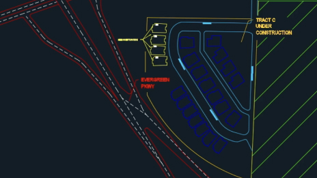 Una serie de líneas y formas conectadas sobre un fondo negro que representan un dibujo CAD en 2D de una zona de viviendas 