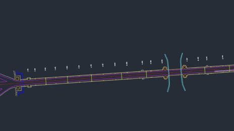 2D CAD drawing of a bridge under construction in red and yellow against a black background