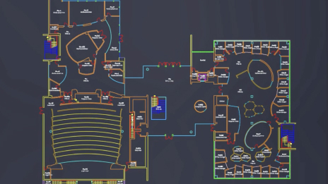 Uma série de círculos e quadrados conectados com texto representando um desenho CAD 2D de uma planta baixa de um grande edifício