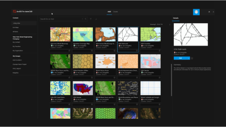 Zestaw kwadratów z różnymi obrazami przedstawiającymi mapę i teren reprezentujący interfejs wtyczki ArcGIS for AutoCAD 