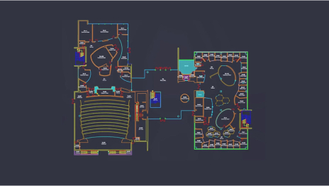 أيقونات وسلسلة من الخطوط والأشكال المتصلة تمثل رسم CAD ثنائي الأبعاد لمخطط أرضية مبنى