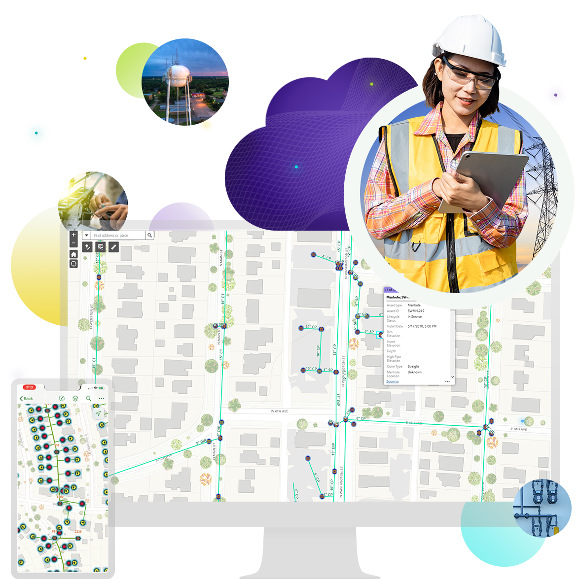 A smartphone and a desktop computer screen showing utility maps, collaged with a utility worker and equipment.