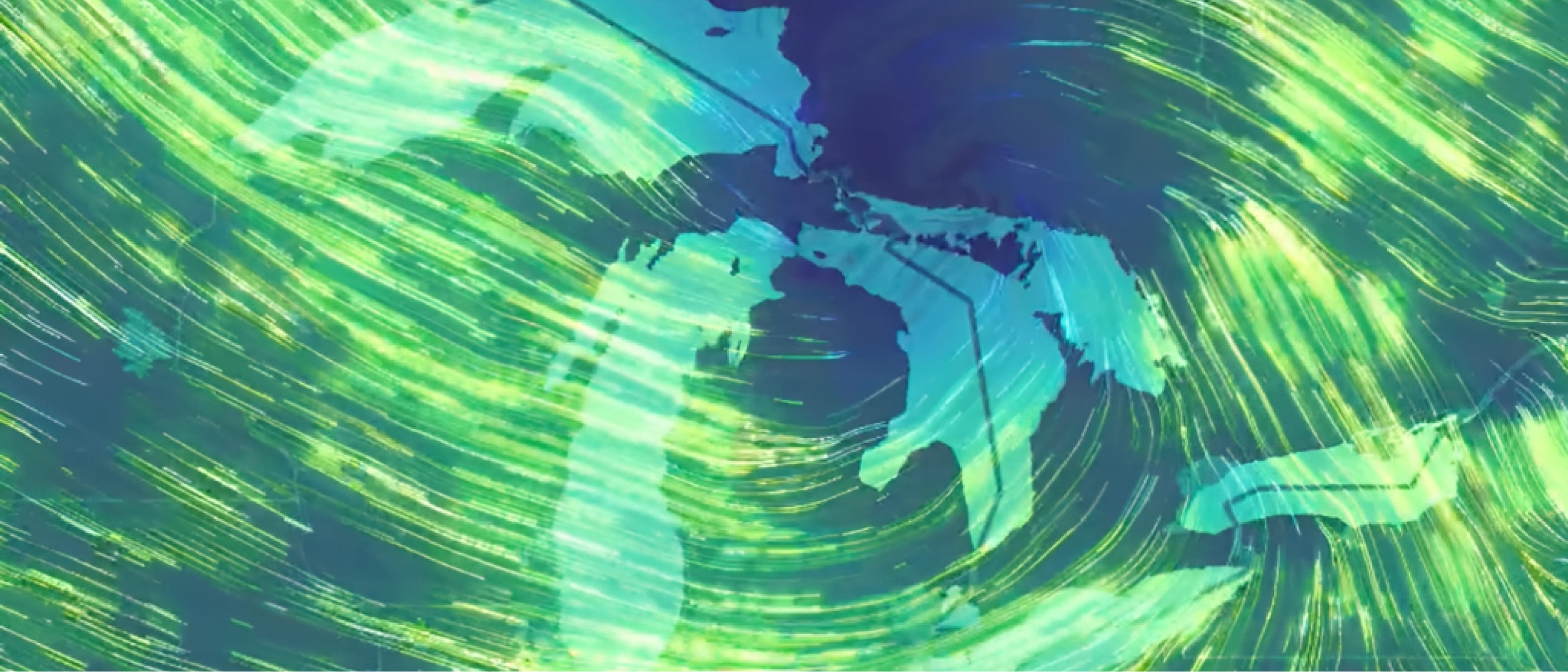 A map of several islands outlined in pale blue, overlaid with wind patterns shown in swirling blue and green