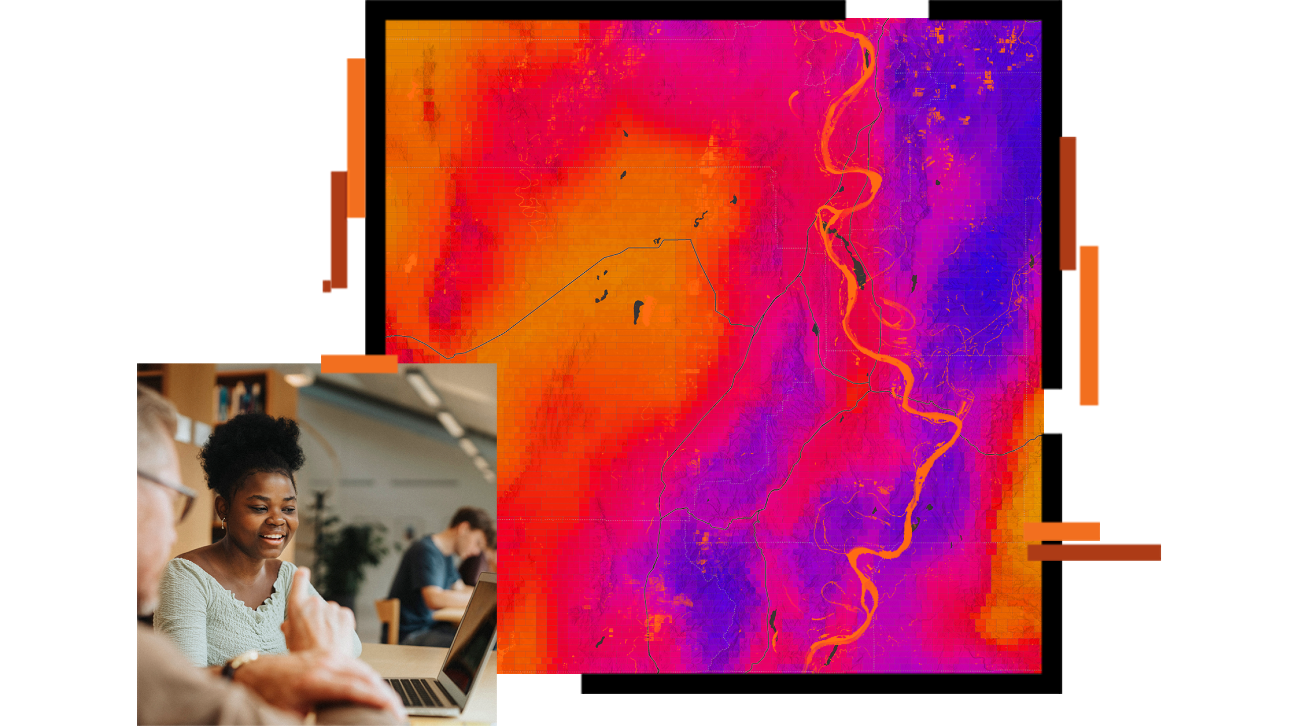 An infrared map in red, purple, and yellow with an orange river winding through it, overlaid with an image of a teacher in a pale blue blouse helping a student using a laptop in a classroom setting