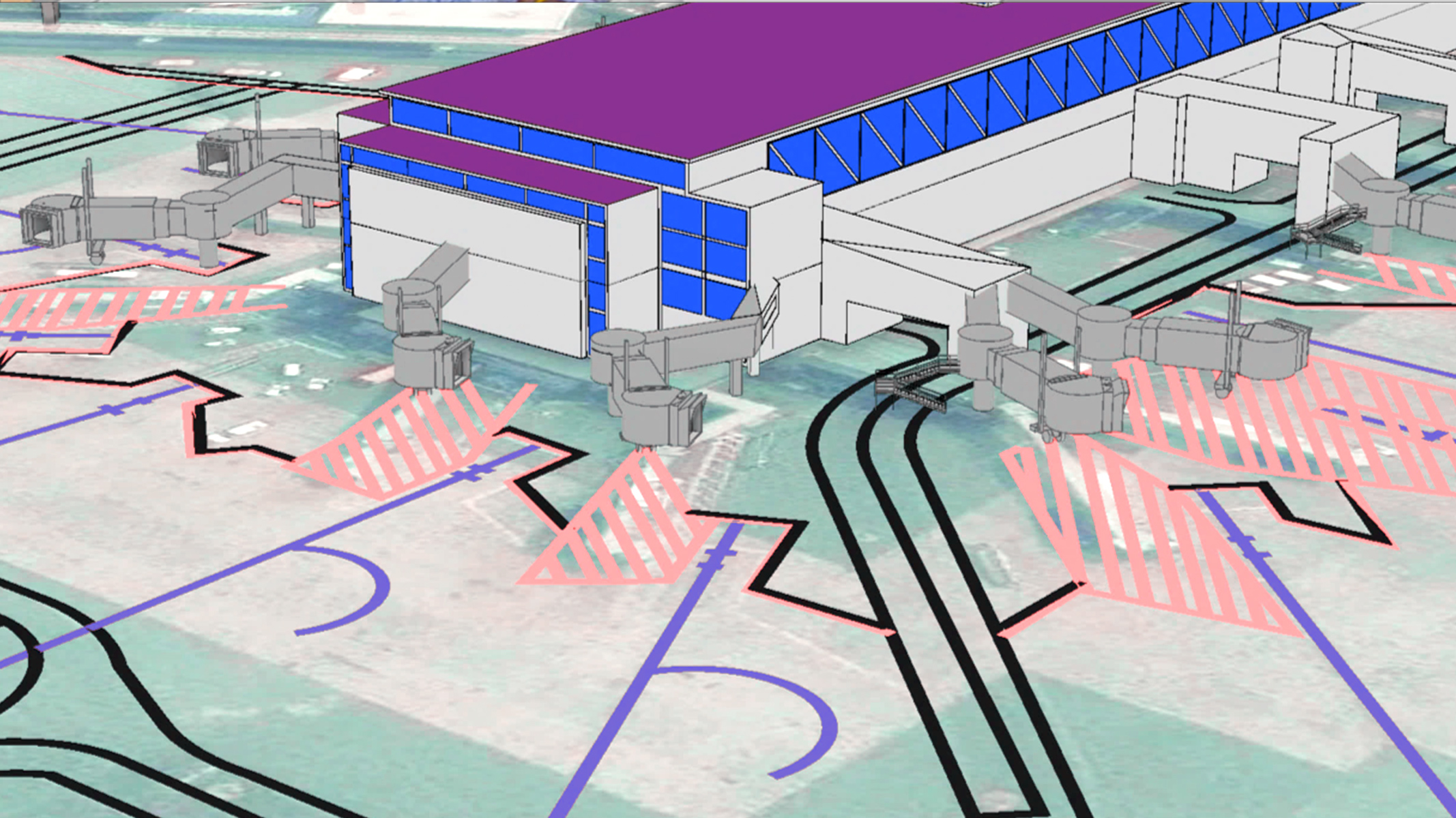 A 3D model of an airport terminal and the surrounding tarmac. The terminal is shown with purple and blue accents to highlight different areas. Grey jet bridges extend from the terminal to designated areas on the tarmac, marked with pink stripes. Black and blue lines indicate taxiways and other markings on the ground.