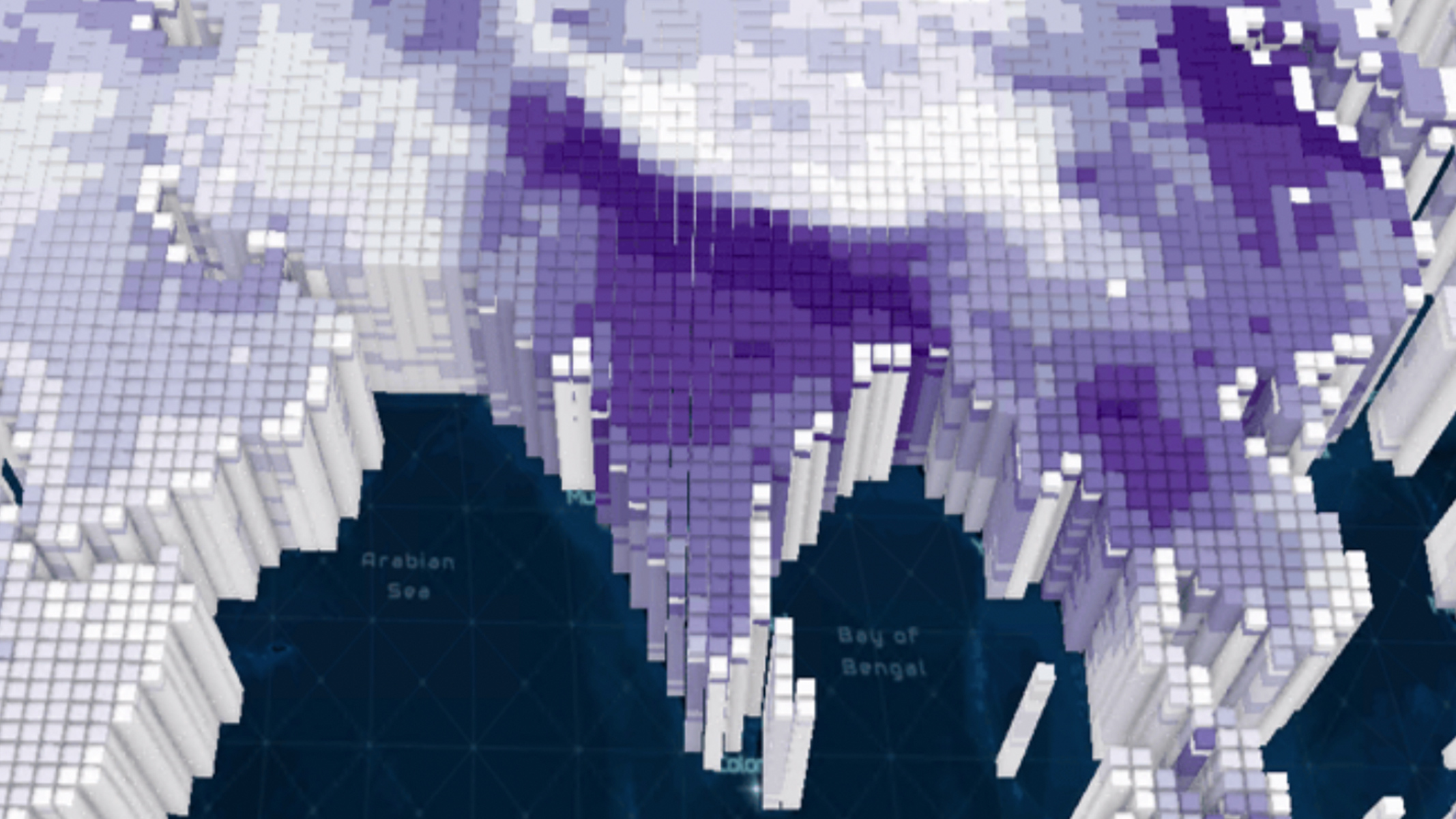 3D map of Asia with bar graph-like columns. The columns are shaded in various shades of purple, with the darkest purple concentrated over the Indian subcontinent and lighter shades extending north and east.