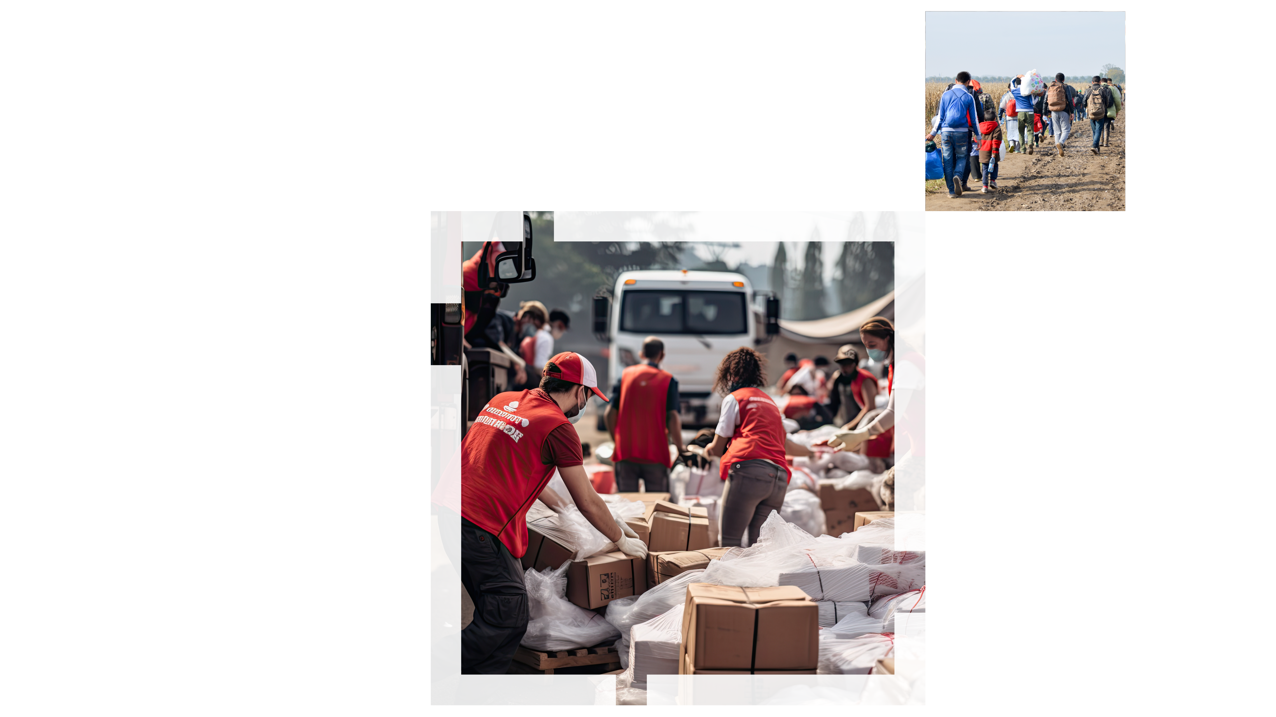 An aerial image of a mountainside encampment in disarray due to a mudslide, overlaid with a small image of a group of red-clad aid workers unpacking boxes in a crowded roadway and another small image of a group of people walking on a dirt road laden with backpacks and bags