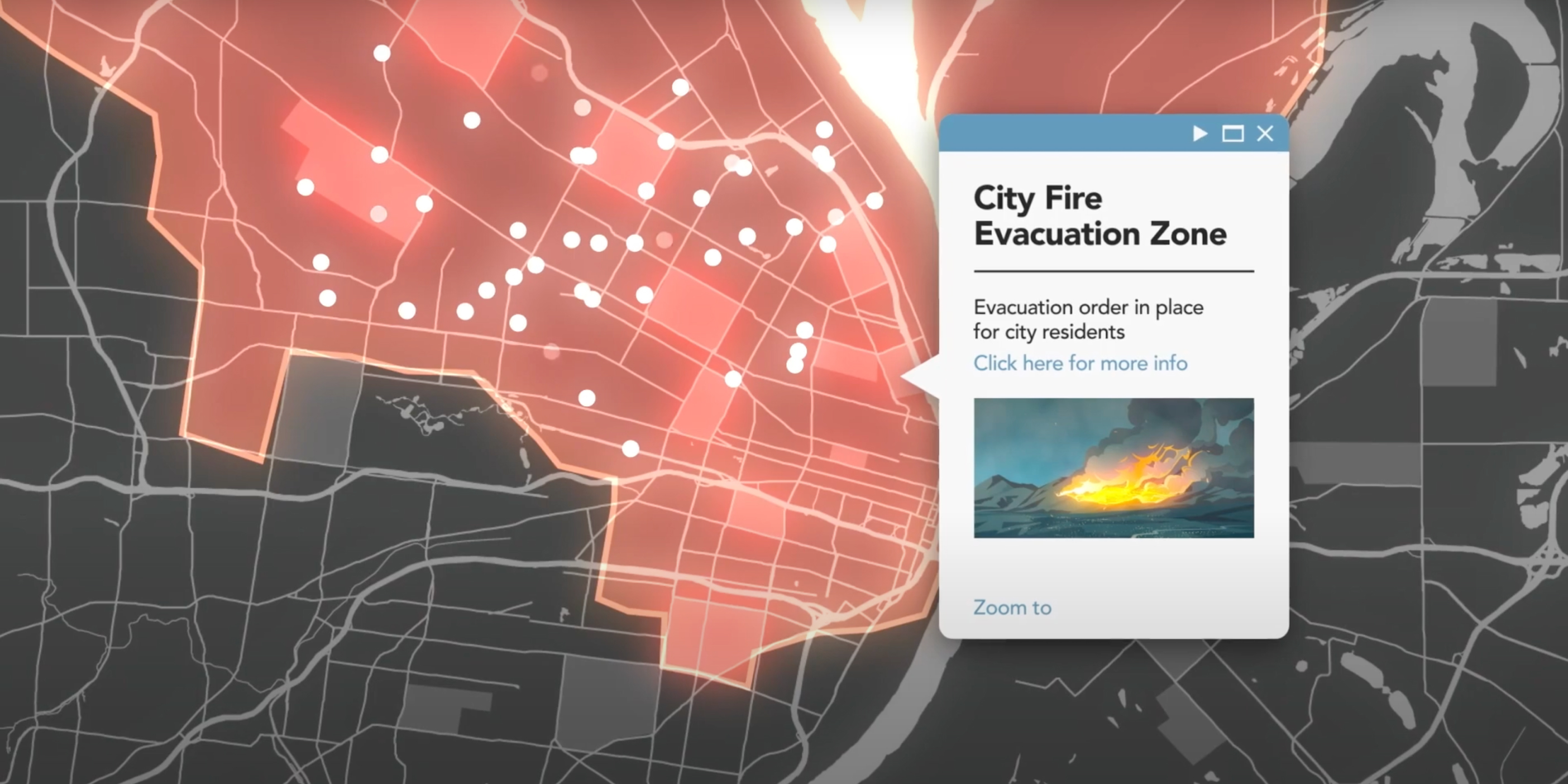 A city evacuation zone map in red and dark gray with clustered white map points, overlaid with a clickable play button to access the video